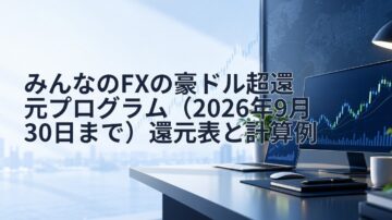 みんなのFXの豪ドル超還元プログラム（2026年9月30日まで）還元表と計算例